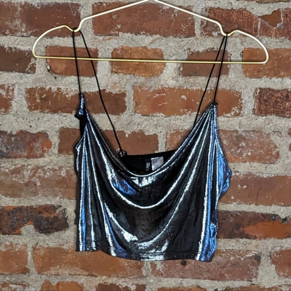 H&M Divided Medium Metallic Silver Spaghetti Strap Cropped Top